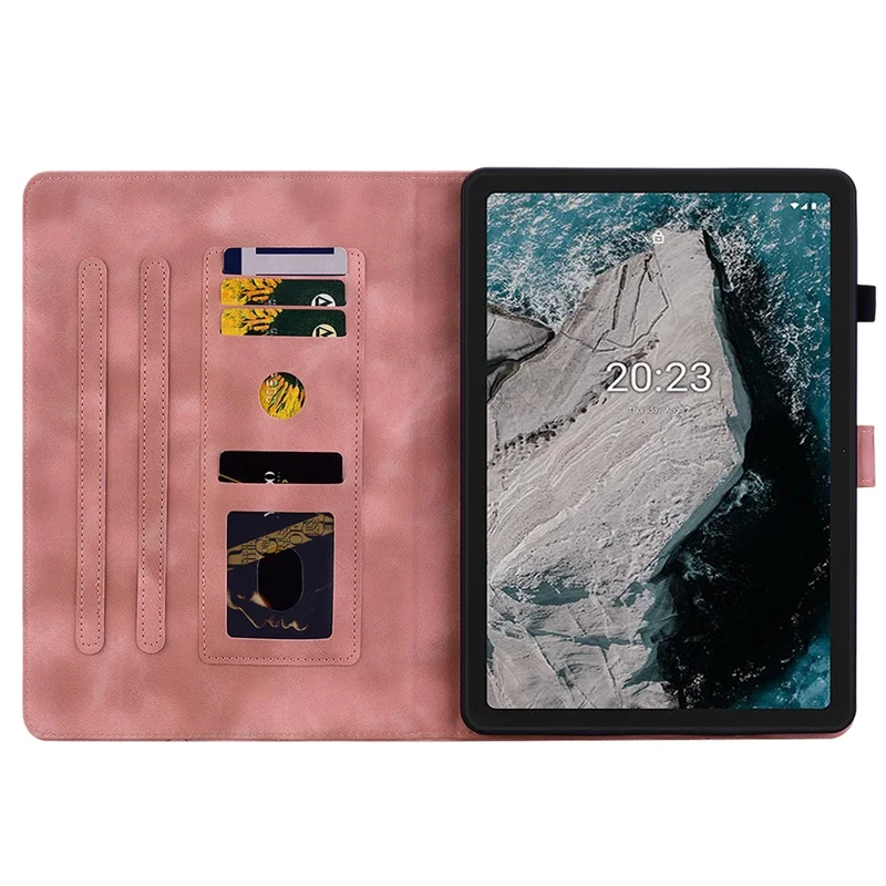 For Nokia T20 Case PU Leather Lily Flower Imprinted Folio Stand Protective Cover - Pink