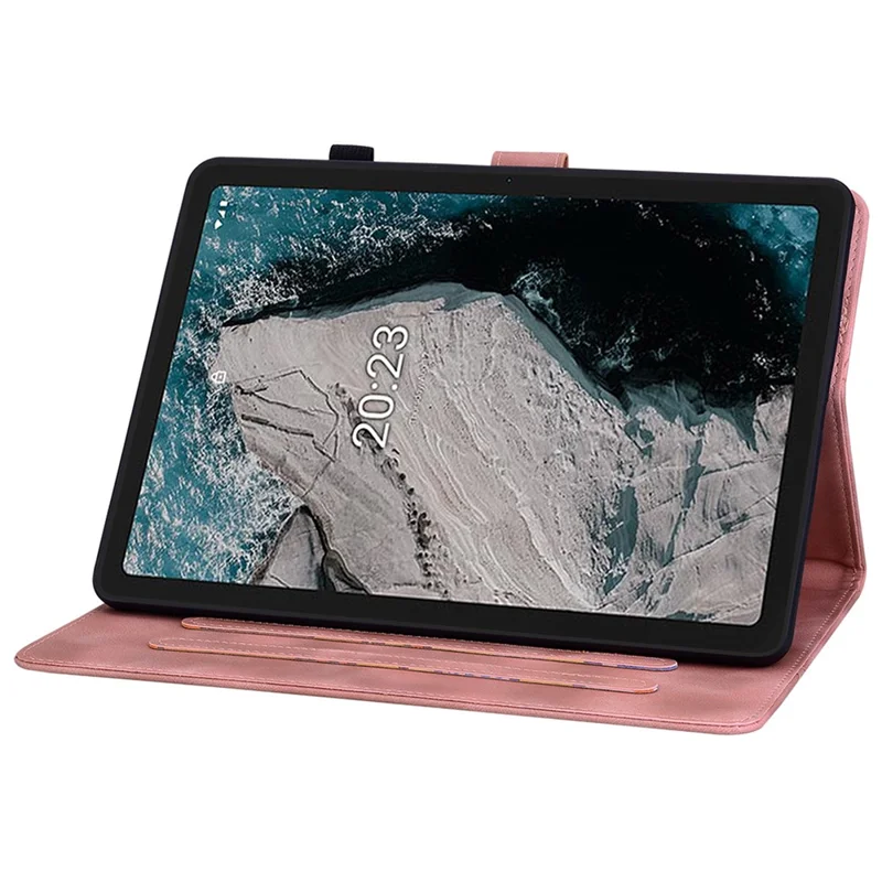 For Nokia T20 Case PU Leather Lily Flower Imprinted Folio Stand Protective Cover - Pink