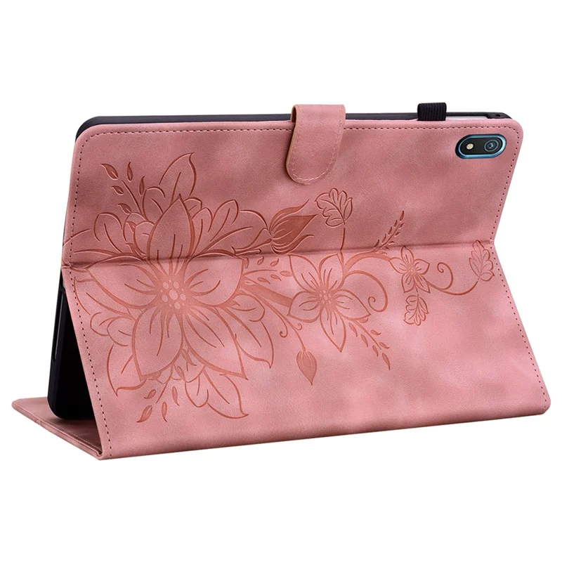 For Nokia T20 Case PU Leather Lily Flower Imprinted Folio Stand Protective Cover - Pink