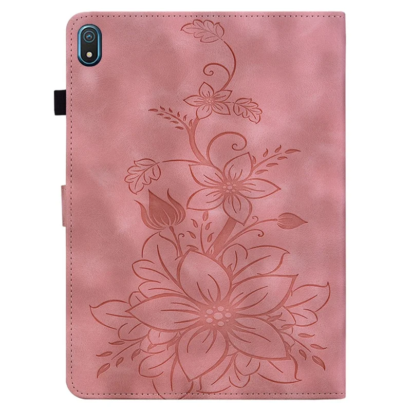 For Nokia T20 Case PU Leather Lily Flower Imprinted Folio Stand Protective Cover - Pink