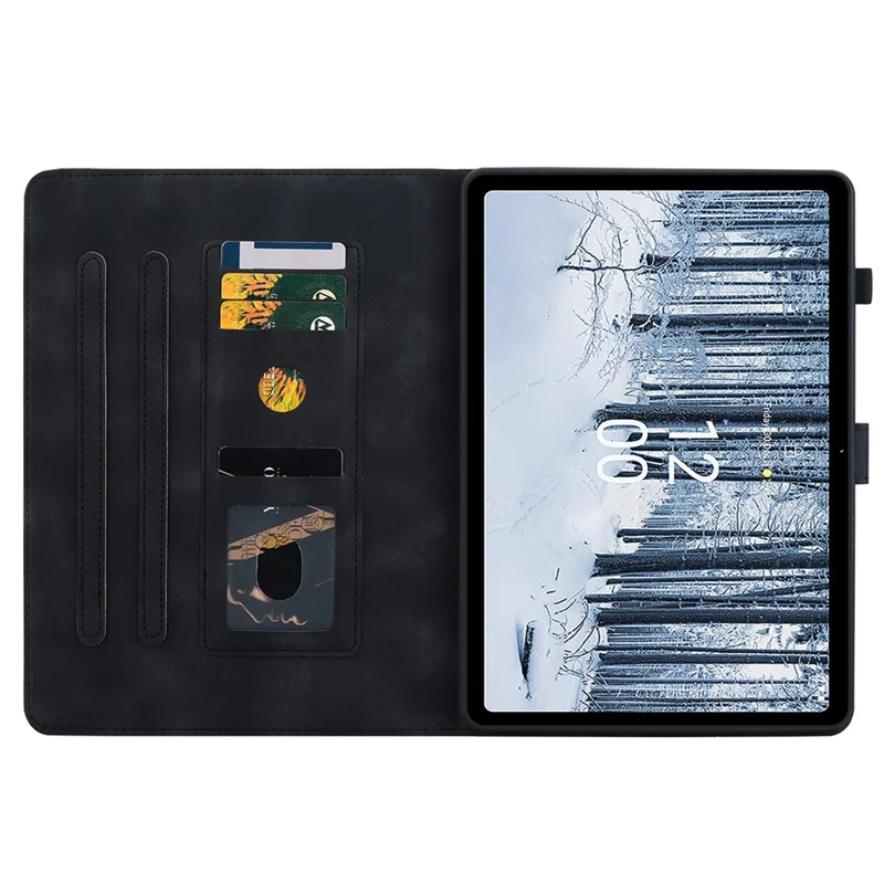 For Nokia T21 Protective Case Lily Flower Imprint PU Leather Card Slots Tablet Cover - Black