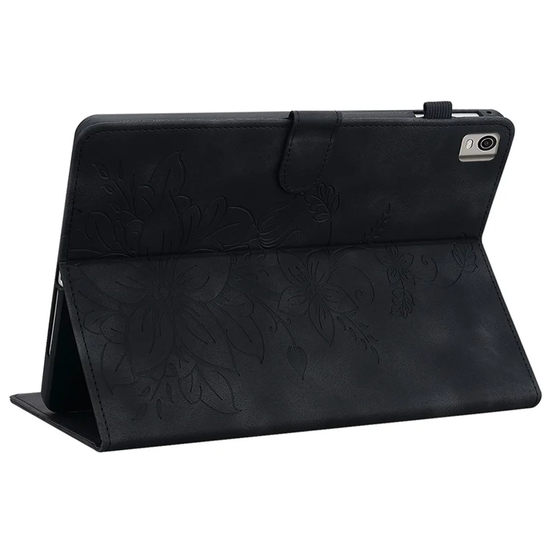 For Nokia T21 Protective Case Lily Flower Imprint PU Leather Card Slots Tablet Cover - Black