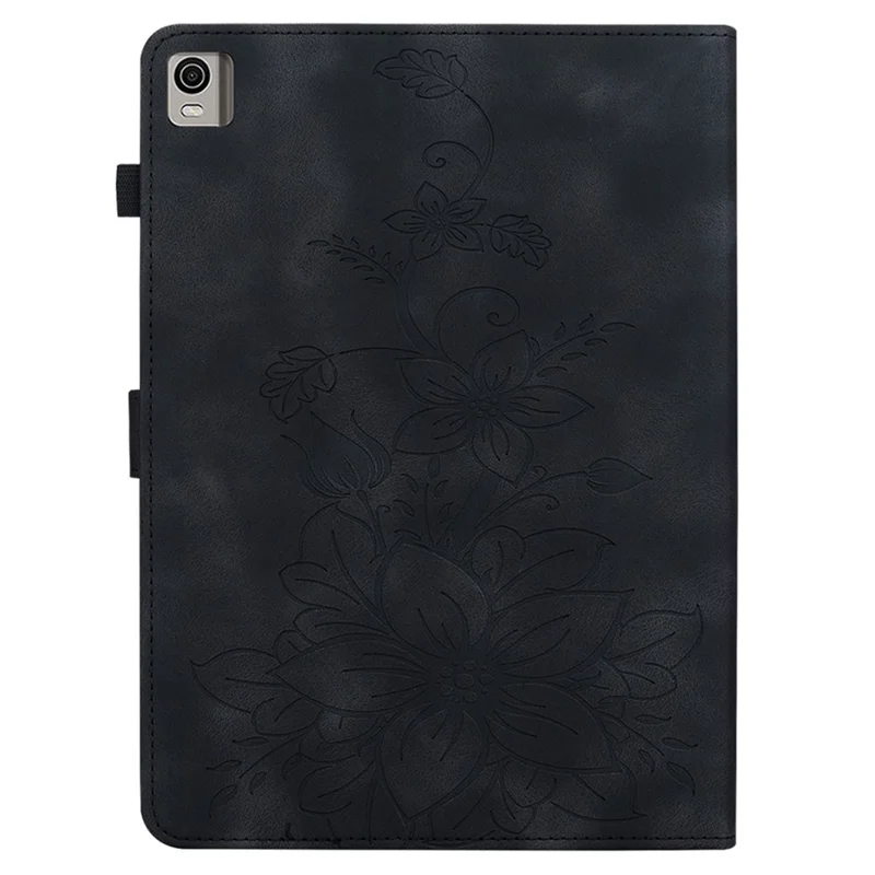 For Nokia T21 Protective Case Lily Flower Imprint PU Leather Card Slots Tablet Cover - Black