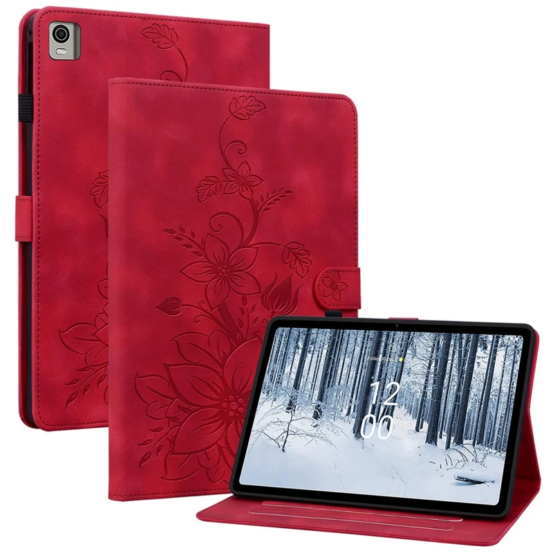 Pour Nokia T21 Étui de protection Lily Flower Imprint PU Leather Card Slots Tablet Cover - Red