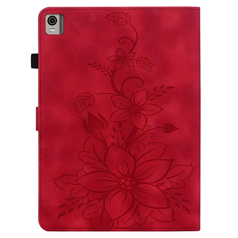 Pour Nokia T21 Étui de protection Lily Flower Imprint PU Leather Card Slots Tablet Cover - Red