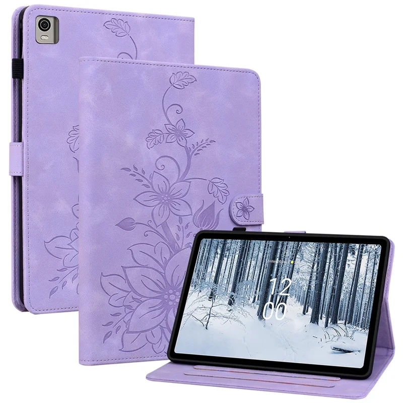 Para Nokia T21 Funda protectora Estampado de Flor de Loto Funda de Cuero PU con Ranuras para Tarjetas Funda para Tableta - Púrpura