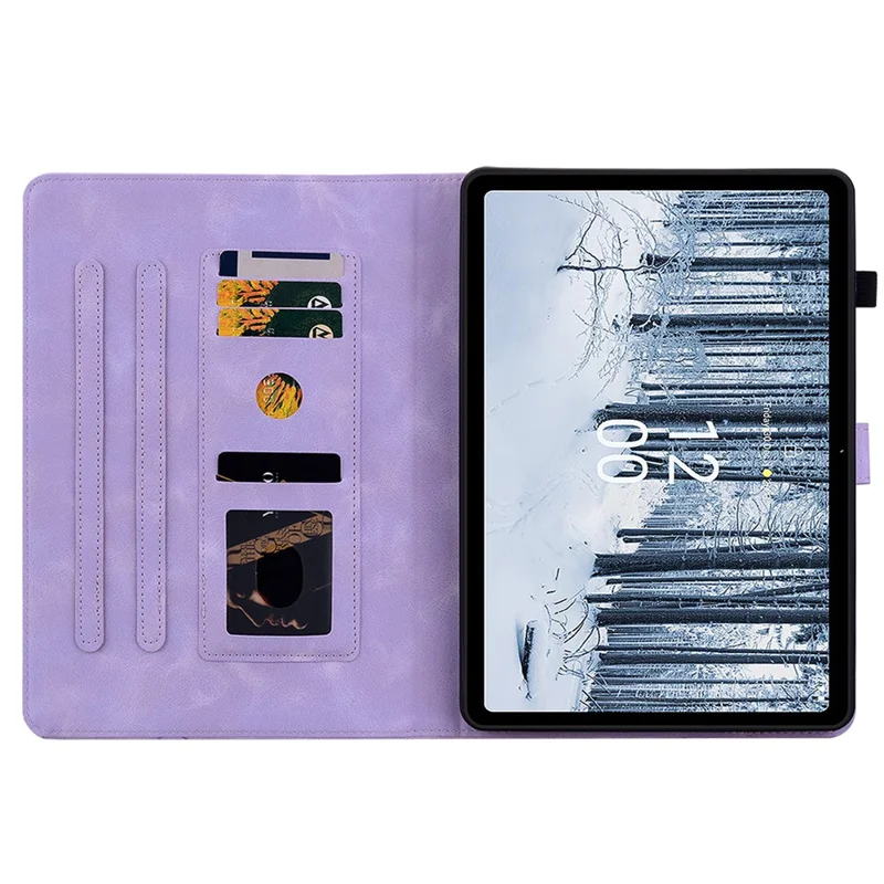 Para Nokia T21 Funda protectora Estampado de Flor de Loto Funda de Cuero PU con Ranuras para Tarjetas Funda para Tableta - Púrpura