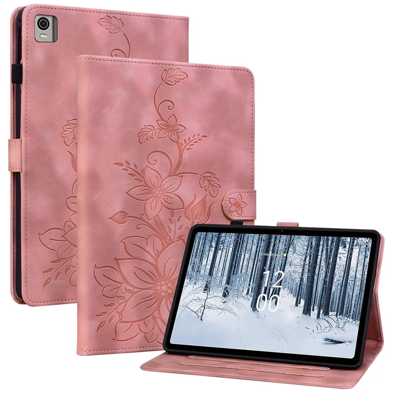 Para Nokia T21 Capa Protetora Lily Flower Imprimir Couro PU Slots para Cartões Capa para Tablet - Rosa