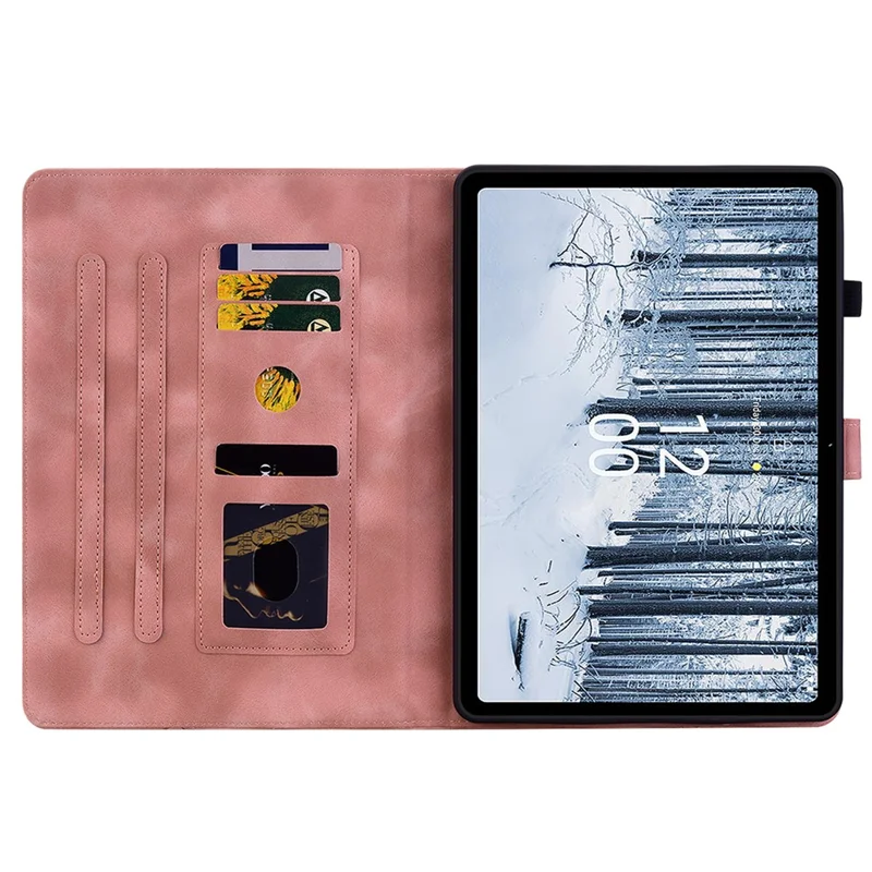 Para Nokia T21 Capa Protetora Lily Flower Imprimir Couro PU Slots para Cartões Capa para Tablet - Rosa