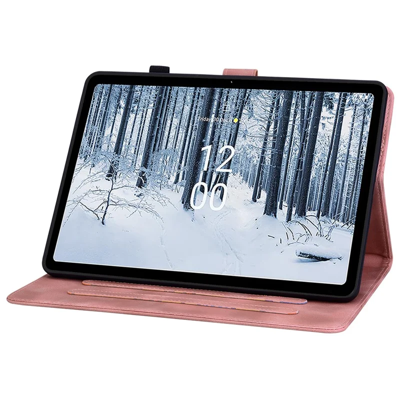 Para Nokia T21 Capa Protetora Lily Flower Imprimir Couro PU Slots para Cartões Capa para Tablet - Rosa
