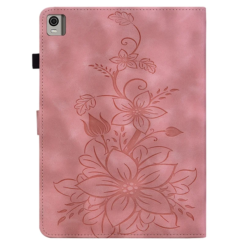 Para Nokia T21 Capa Protetora Lily Flower Imprimir Couro PU Slots para Cartões Capa para Tablet - Rosa