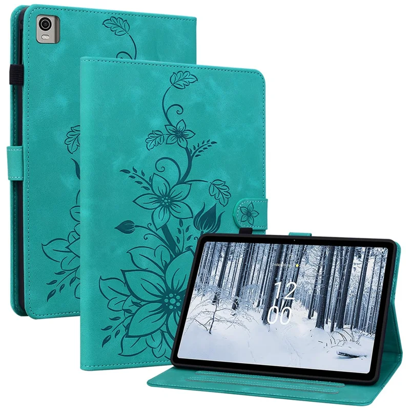 For Nokia T21 Protective Case Lily Flower Imprint PU Leather Card Slots Tablet Cover - Green