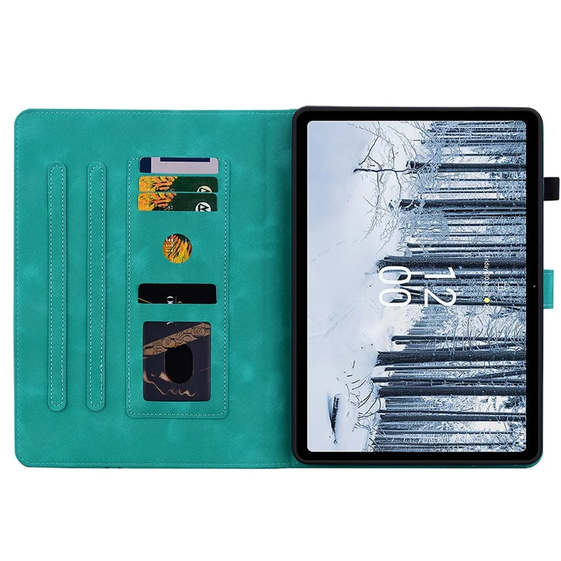 For Nokia T21 Protective Case Lily Flower Imprint PU Leather Card Slots Tablet Cover - Green