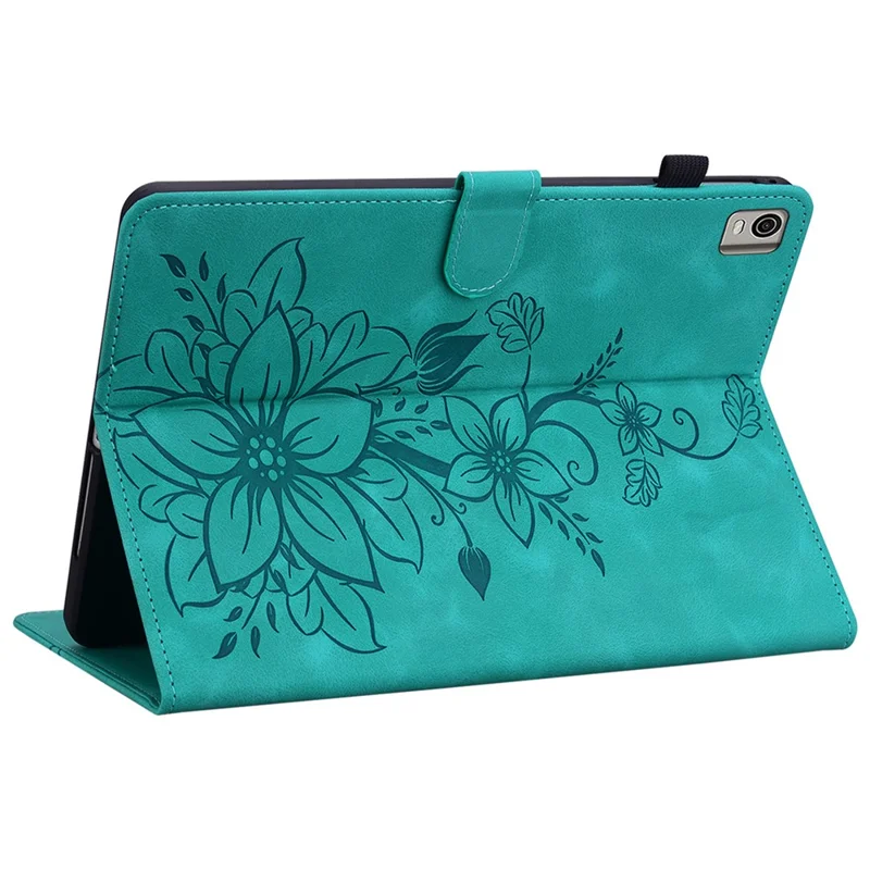 For Nokia T21 Protective Case Lily Flower Imprint PU Leather Card Slots Tablet Cover - Green