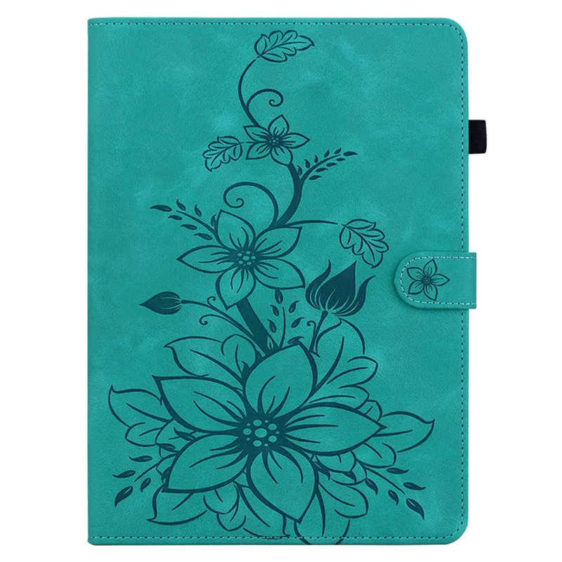 For Nokia T21 Protective Case Lily Flower Imprint PU Leather Card Slots Tablet Cover - Green
