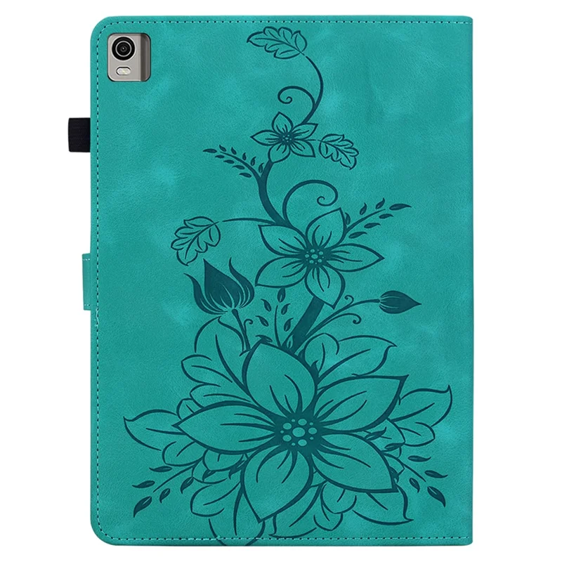 For Nokia T21 Protective Case Lily Flower Imprint PU Leather Card Slots Tablet Cover - Green