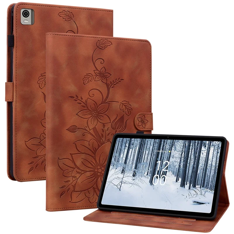 For Nokia T21 Protective Case Lily Flower Imprint PU Leather Card Slots Tablet Cover - Brown