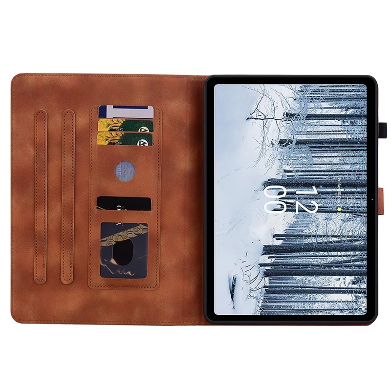 For Nokia T21 Protective Case Lily Flower Imprint PU Leather Card Slots Tablet Cover - Brown
