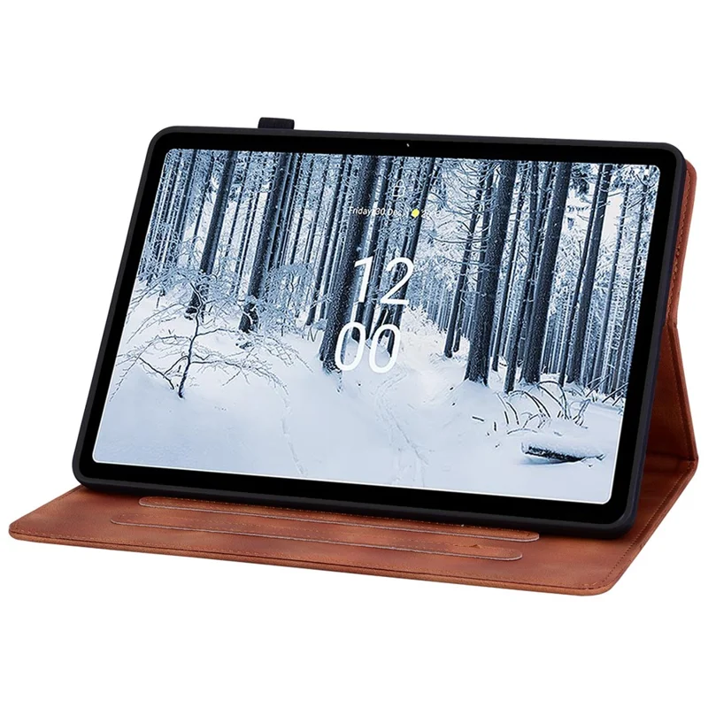For Nokia T21 Protective Case Lily Flower Imprint PU Leather Card Slots Tablet Cover - Brown