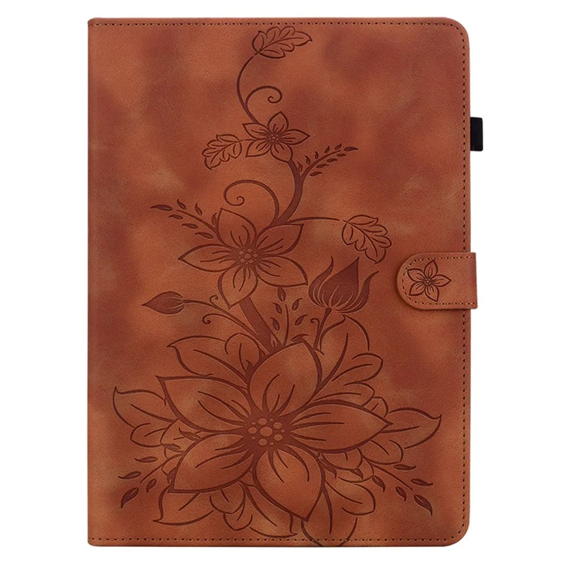 For Nokia T21 Protective Case Lily Flower Imprint PU Leather Card Slots Tablet Cover - Brown