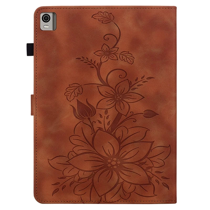 For Nokia T21 Protective Case Lily Flower Imprint PU Leather Card Slots Tablet Cover - Brown