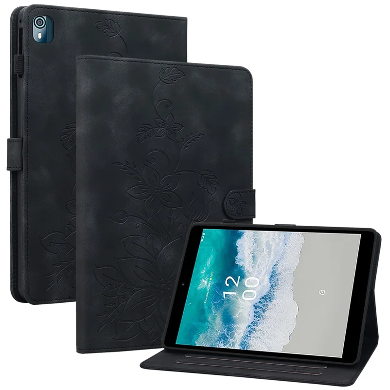 For Nokia T10 Case Lily Flower PU Leather Pencil Holder Magnetic Clasp Tablet Cover - Black