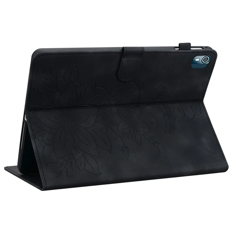 For Nokia T10 Case Lily Flower PU Leather Pencil Holder Magnetic Clasp Tablet Cover - Black