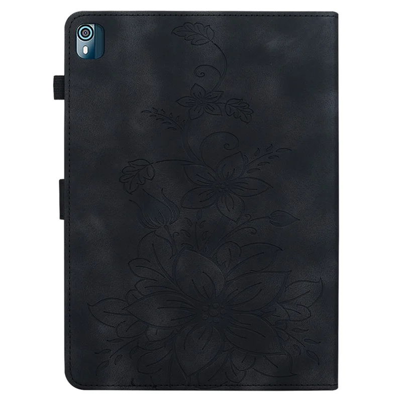 For Nokia T10 Case Lily Flower PU Leather Pencil Holder Magnetic Clasp Tablet Cover - Black