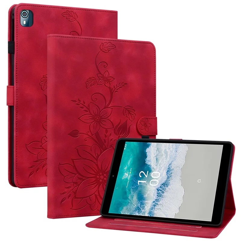 For Nokia T10 Case Lily Flower PU Leather Pencil Holder Magnetic Clasp Tablet Cover - Red
