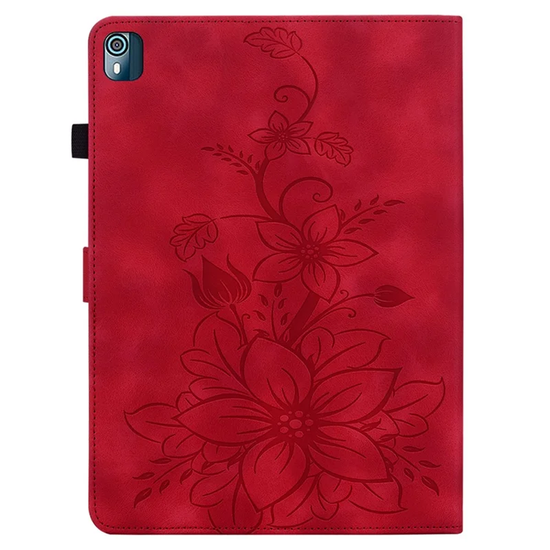 For Nokia T10 Case Lily Flower PU Leather Pencil Holder Magnetic Clasp Tablet Cover - Red