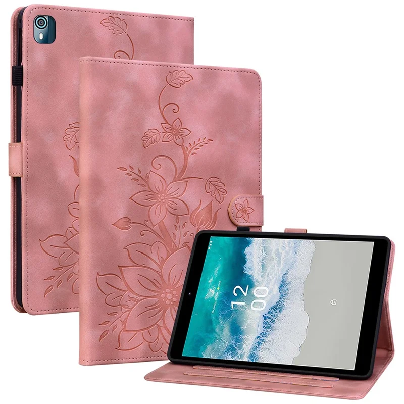 Per Nokia T10 Case Lily Flower PU Leather Pencil Holder Magnetic Clasp Tablet Cover - Rosa