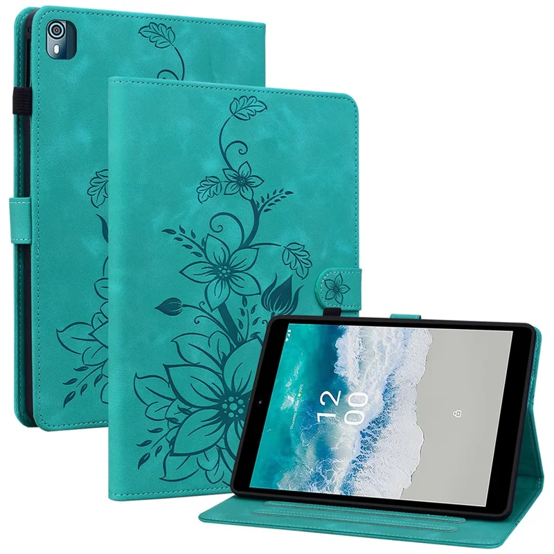 For Nokia T10 Case Lily Flower PU Leather Pencil Holder Magnetic Clasp Tablet Cover - Green
