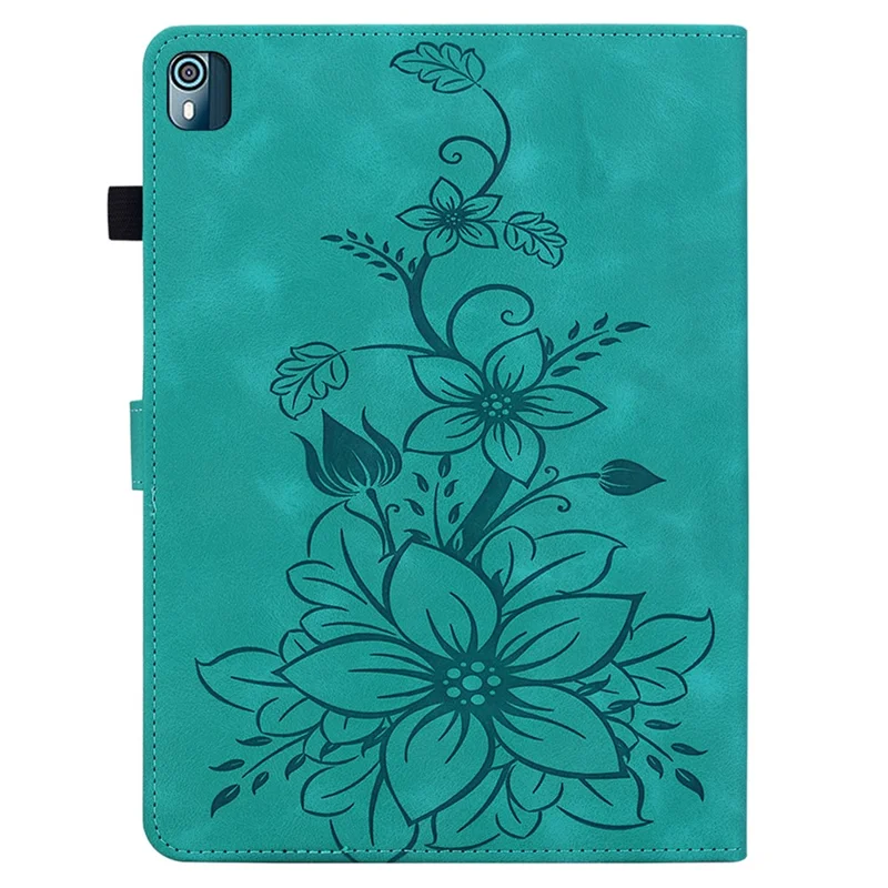 For Nokia T10 Case Lily Flower PU Leather Pencil Holder Magnetic Clasp Tablet Cover - Green