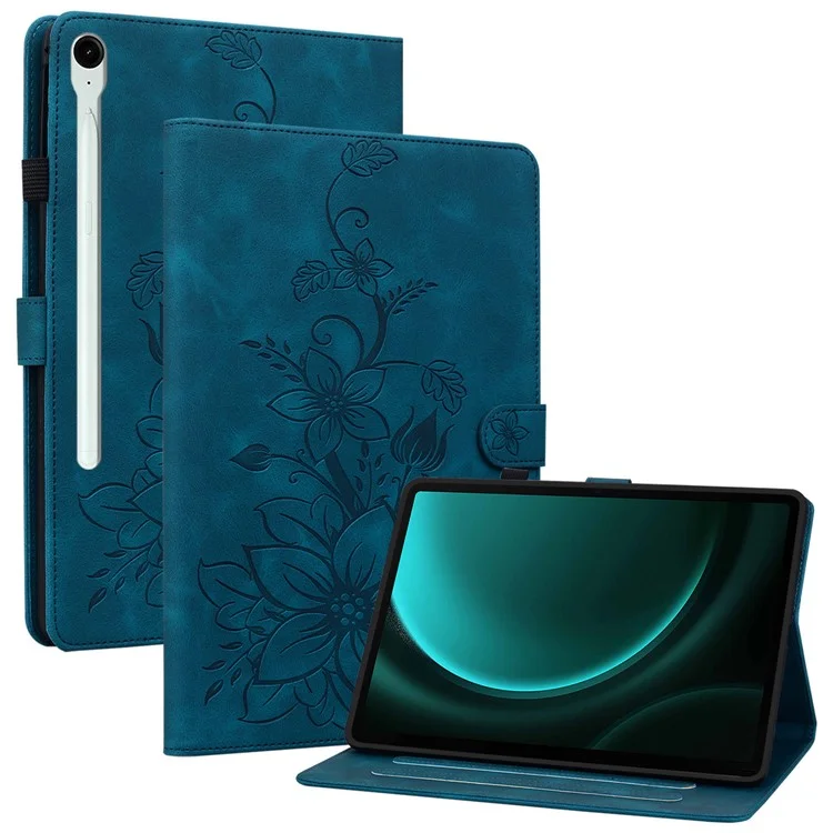 For Samsung Galaxy Tab S10 FE / S9 FE Leather Case Lily Flower Pattern Stand Protective Tablet Cover - Blue