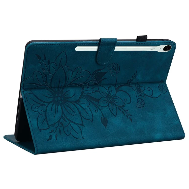 For Samsung Galaxy Tab S10 FE / S9 FE Leather Case Lily Flower Pattern Stand Protective Tablet Cover - Blue