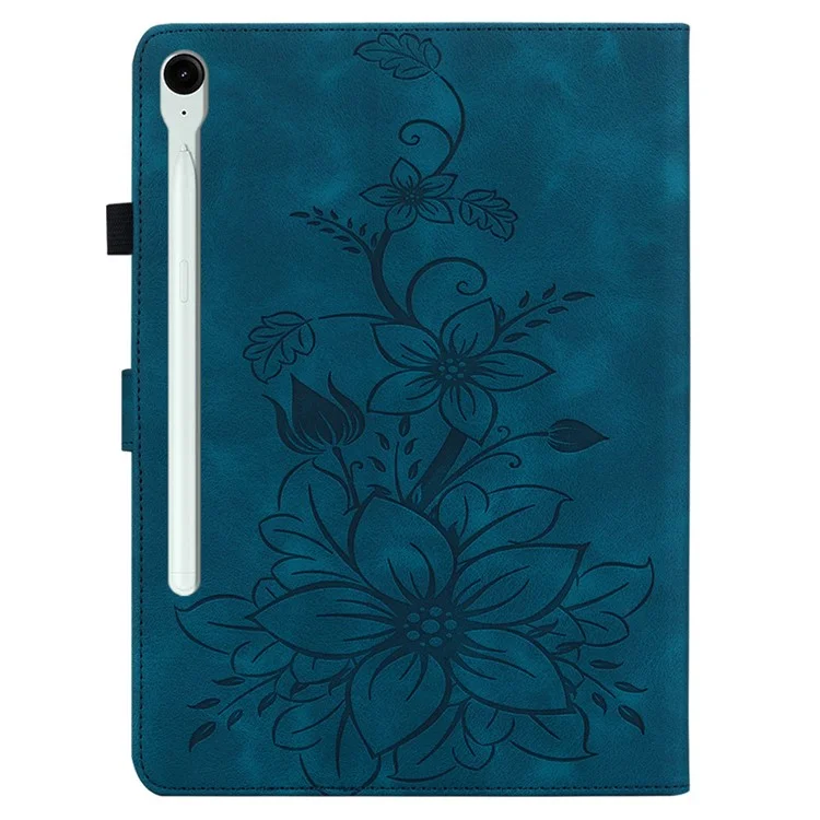 For Samsung Galaxy Tab S10 FE / S9 FE Leather Case Lily Flower Pattern Stand Protective Tablet Cover - Blue