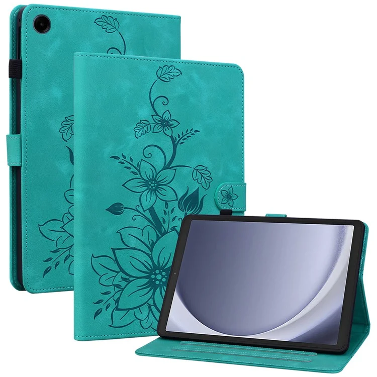 For Samsung Galaxy Tab A9 Protective Case Lily Flower Imprint PU Leather Tablet Case with Card Slots - Green