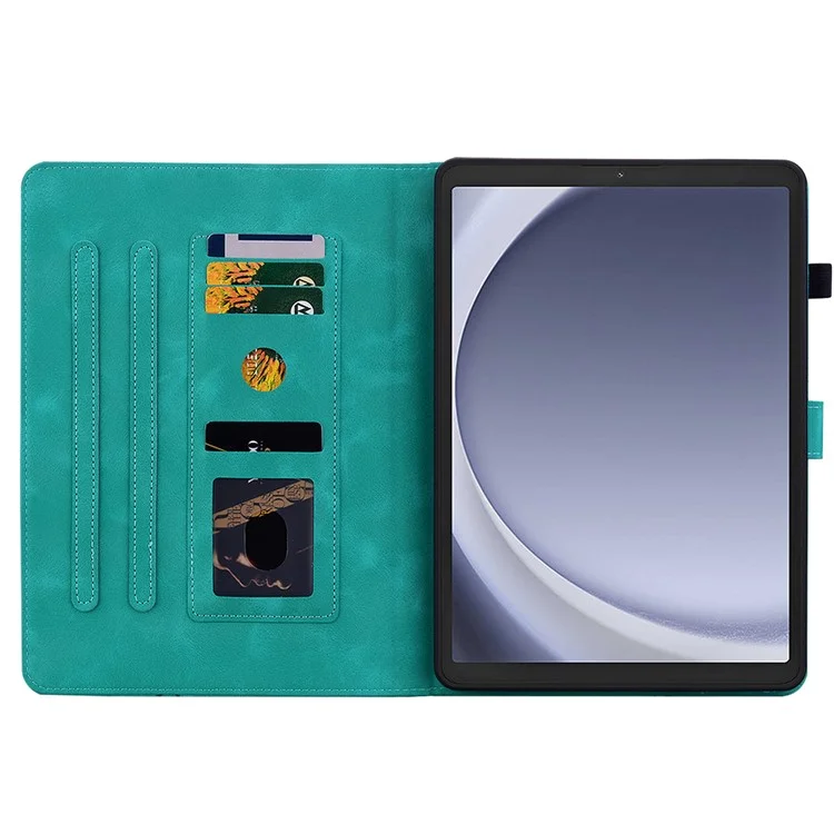 For Samsung Galaxy Tab A9 Protective Case Lily Flower Imprint PU Leather Tablet Case with Card Slots - Green