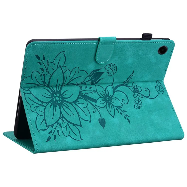 For Samsung Galaxy Tab A9 Protective Case Lily Flower Imprint PU Leather Tablet Case with Card Slots - Green