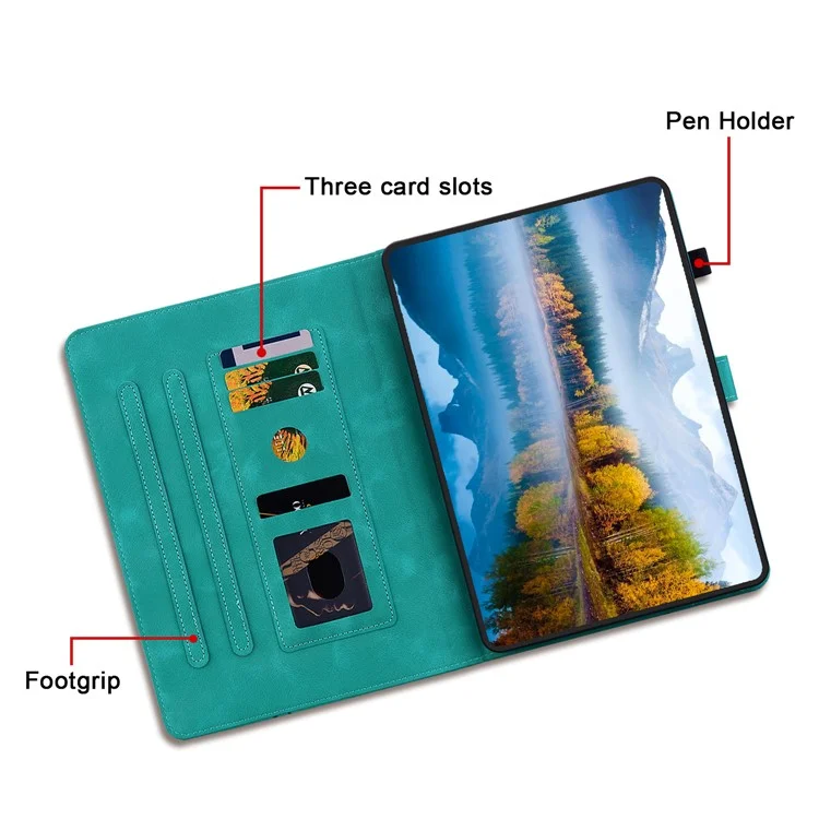 For Samsung Galaxy Tab A9 Protective Case Lily Flower Imprint PU Leather Tablet Case with Card Slots - Green