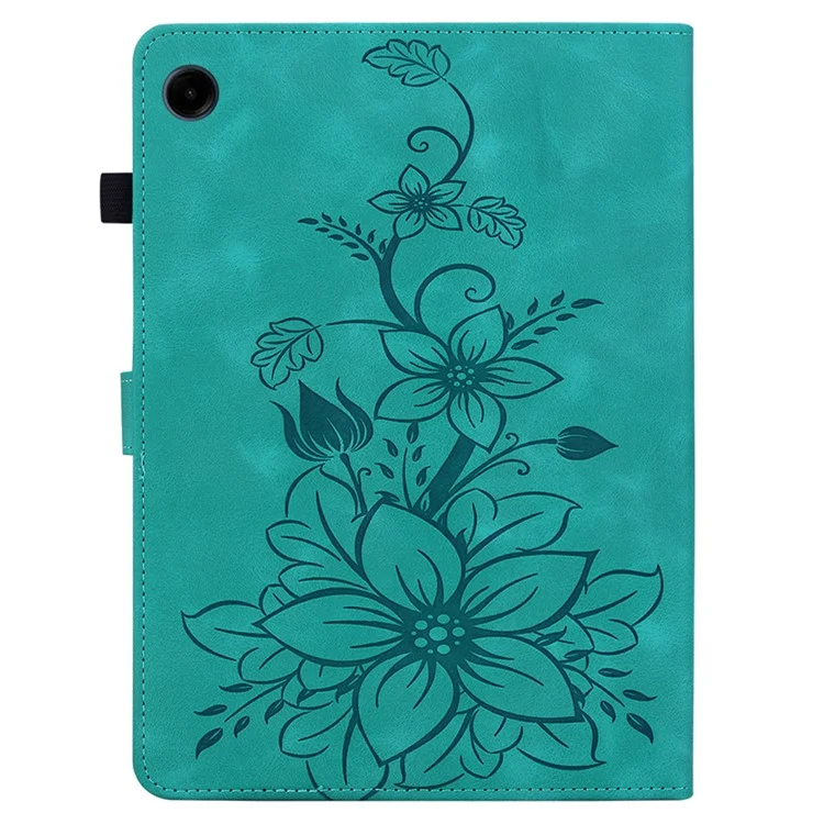 For Samsung Galaxy Tab A9 Protective Case Lily Flower Imprint PU Leather Tablet Case with Card Slots - Green