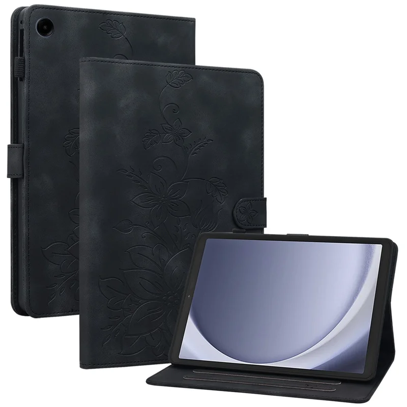 For Samsung Galaxy Tab A9 Protective Case Lily Flower Imprint PU Leather Tablet Case with Card Slots - Black