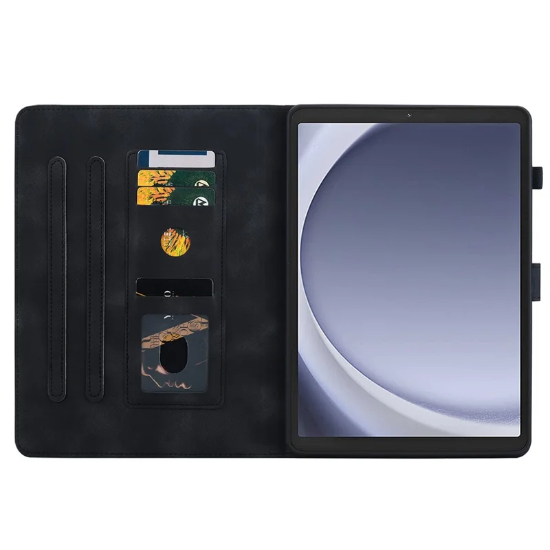 For Samsung Galaxy Tab A9 Protective Case Lily Flower Imprint PU Leather Tablet Case with Card Slots - Black
