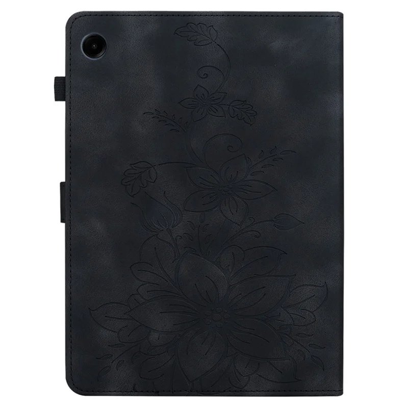 For Samsung Galaxy Tab A9 Protective Case Lily Flower Imprint PU Leather Tablet Case with Card Slots - Black