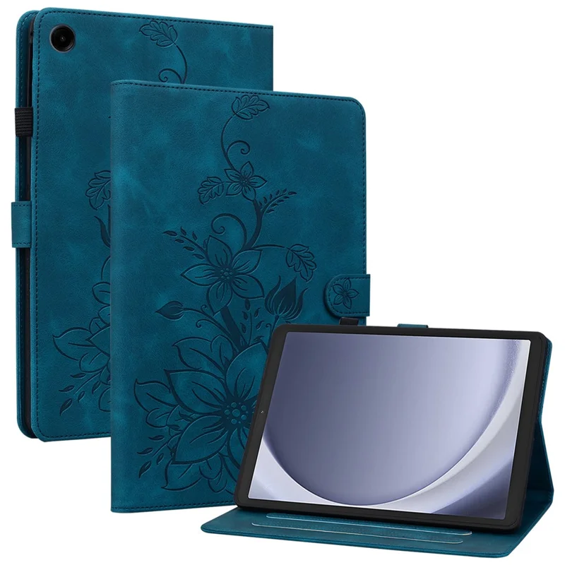 For Samsung Galaxy Tab A9 Protective Case Lily Flower Imprint PU Leather Tablet Case with Card Slots - Blue