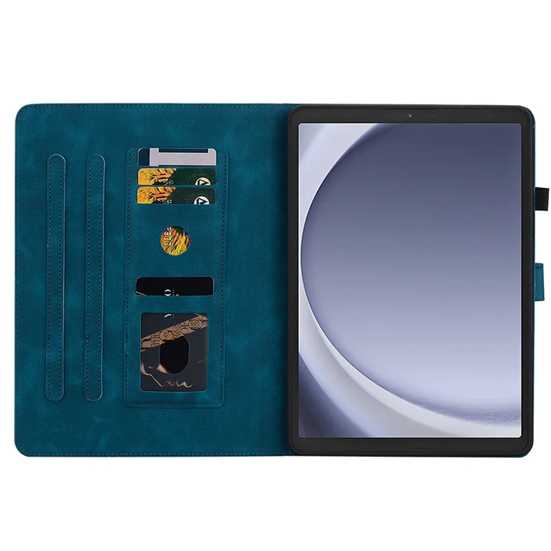 For Samsung Galaxy Tab A9 Protective Case Lily Flower Imprint PU Leather Tablet Case with Card Slots - Blue