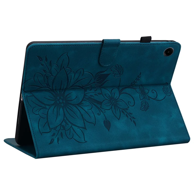 For Samsung Galaxy Tab A9 Protective Case Lily Flower Imprint PU Leather Tablet Case with Card Slots - Blue