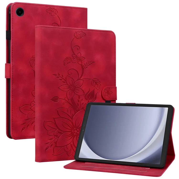 Funda protectora para Samsung Galaxy Tab A9 con estampado de flor de lirio, de piel sintética (PU) con ranuras para tarjetas - Rojo