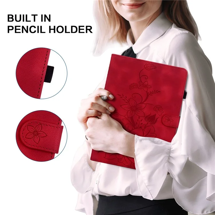 Funda protectora para Samsung Galaxy Tab A9 con estampado de flor de lirio, de piel sintética (PU) con ranuras para tarjetas - Rojo