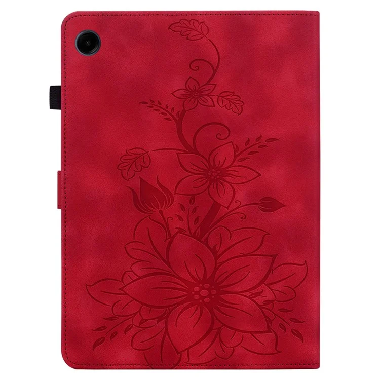 Funda protectora para Samsung Galaxy Tab A9 con estampado de flor de lirio, de piel sintética (PU) con ranuras para tarjetas - Rojo